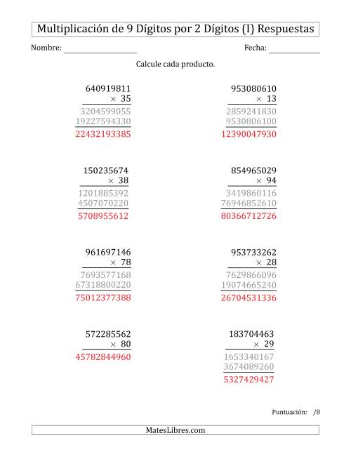 La hoja de ejercicios de Multiplicar Números de 9 Dígitos por 2 Dígitos (I) Página 2