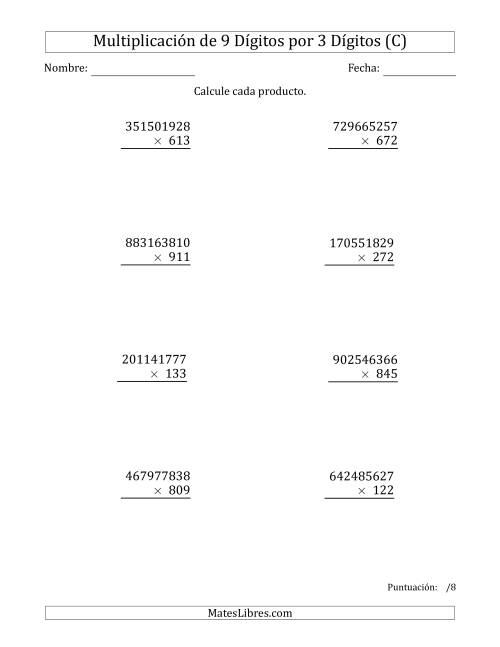 La hoja de ejercicios de Multiplicar Números de 9 Dígitos por 3 Dígitos (C)