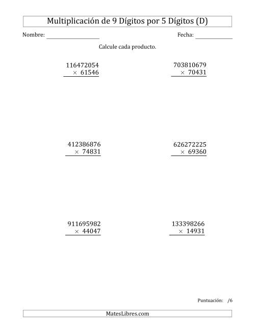 La hoja de ejercicios de Multiplicar Números de 9 Dígitos por 5 Dígitos (D)