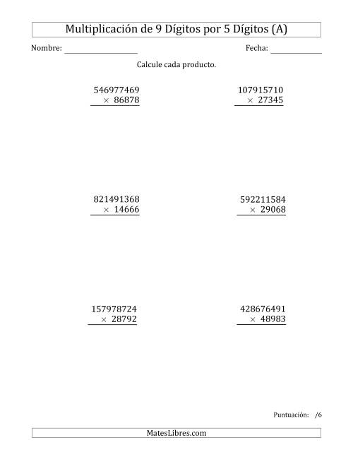 La hoja de ejercicios de Multiplicar Números de 9 Dígitos por 5 Dígitos (Todas)