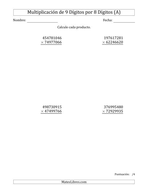 La hoja de ejercicios de Multiplicar Números de 9 Dígitos por 8 Dígitos (A)
