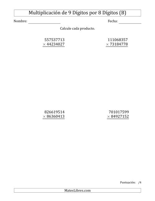 La hoja de ejercicios de Multiplicar Números de 9 Dígitos por 8 Dígitos (B)