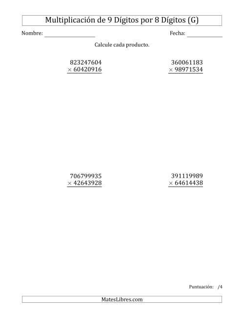 La hoja de ejercicios de Multiplicar Números de 9 Dígitos por 8 Dígitos (G)