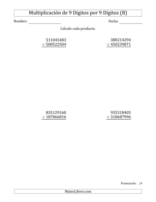 La hoja de ejercicios de Multiplicar Números de 9 Dígitos por 9 Dígitos (B)