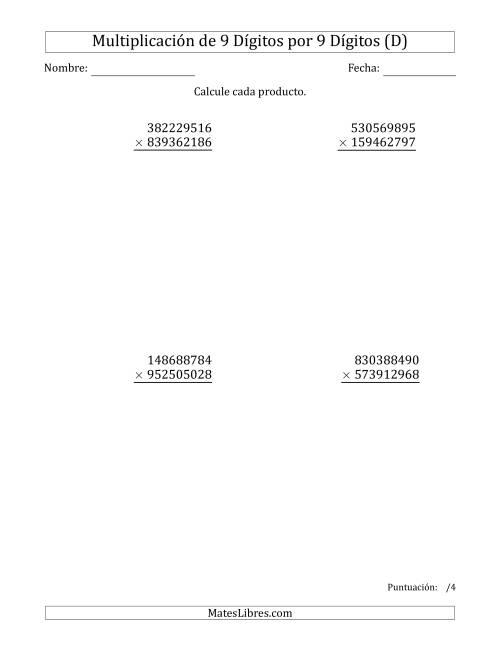 La hoja de ejercicios de Multiplicar Números de 9 Dígitos por 9 Dígitos (D)