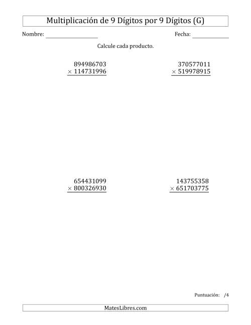 La hoja de ejercicios de Multiplicar Números de 9 Dígitos por 9 Dígitos (G)