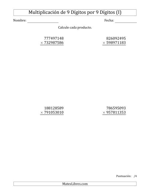 La hoja de ejercicios de Multiplicar Números de 9 Dígitos por 9 Dígitos (I)