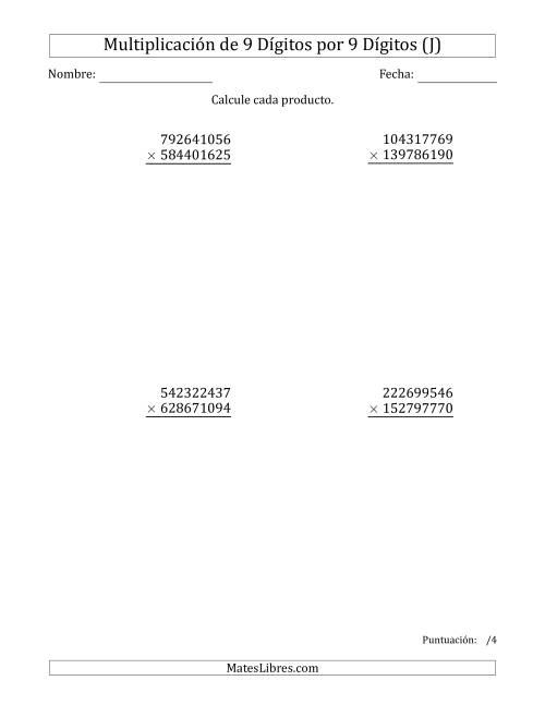La hoja de ejercicios de Multiplicar Números de 9 Dígitos por 9 Dígitos (J)