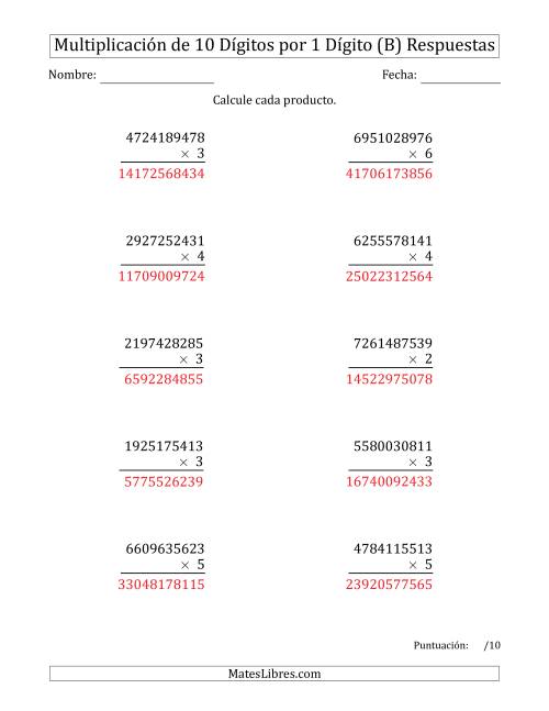 La hoja de ejercicios de Multiplicar Números de 10 Dígitos por 1 Dígito (B) Página 2