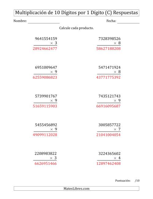 La hoja de ejercicios de Multiplicar Números de 10 Dígitos por 1 Dígito (C) Página 2
