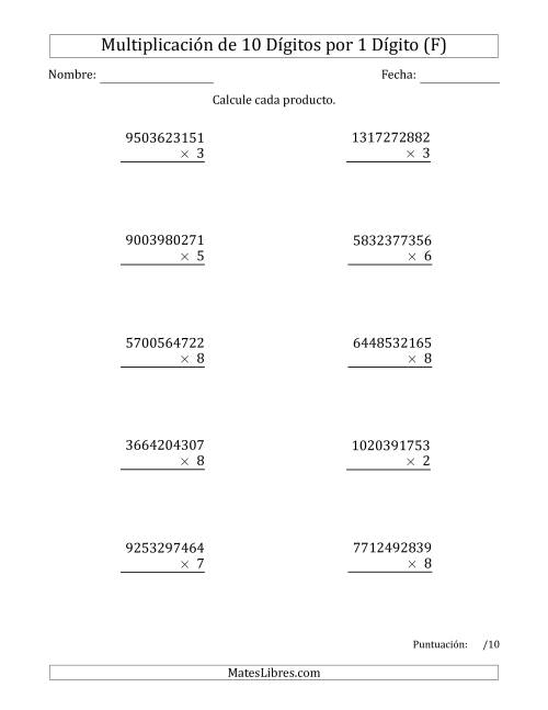 La hoja de ejercicios de Multiplicar Números de 10 Dígitos por 1 Dígito (F)