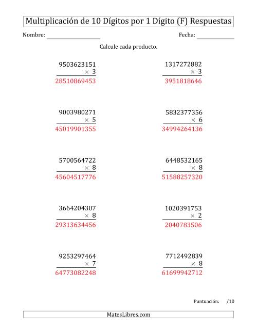 La hoja de ejercicios de Multiplicar Números de 10 Dígitos por 1 Dígito (F) Página 2