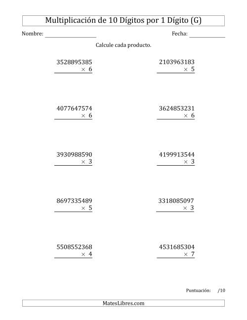 La hoja de ejercicios de Multiplicar Números de 10 Dígitos por 1 Dígito (G)