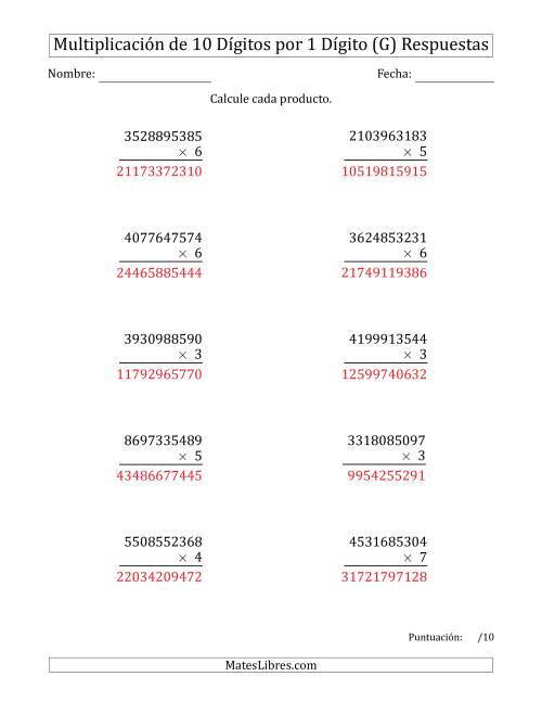 La hoja de ejercicios de Multiplicar Números de 10 Dígitos por 1 Dígito (G) Página 2