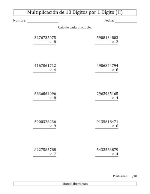 La hoja de ejercicios de Multiplicar Números de 10 Dígitos por 1 Dígito (H)