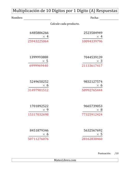 La hoja de ejercicios de Multiplicar Números de 10 Dígitos por 1 Dígito (Todas) Página 2