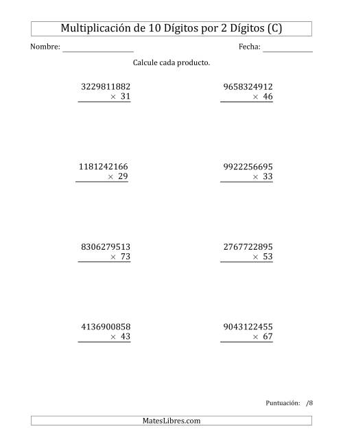 La hoja de ejercicios de Multiplicar Números de 10 Dígitos por 2 Dígitos (C)