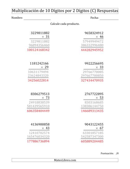 La hoja de ejercicios de Multiplicar Números de 10 Dígitos por 2 Dígitos (C) Página 2