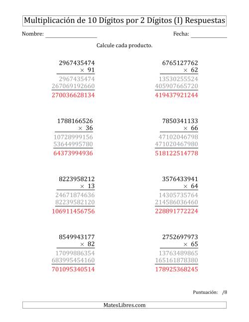 La hoja de ejercicios de Multiplicar Números de 10 Dígitos por 2 Dígitos (I) Página 2