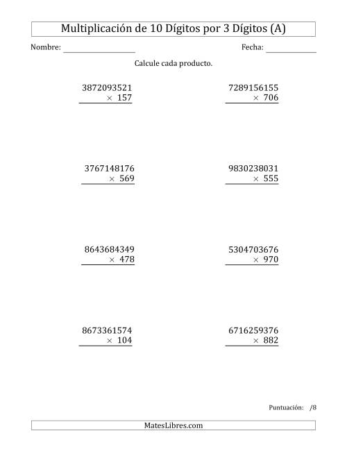La hoja de ejercicios de Multiplicar Números de 10 Dígitos por 3 Dígitos (Todas)