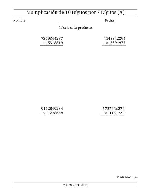 La hoja de ejercicios de Multiplicar Números de 10 Dígitos por 7 Dígitos (A)