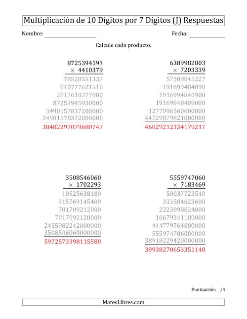 La hoja de ejercicios de Multiplicar Números de 10 Dígitos por 7 Dígitos (J) Página 2