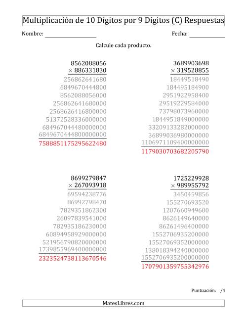 La hoja de ejercicios de Multiplicar Números de 10 Dígitos por 9 Dígitos (C) Página 2