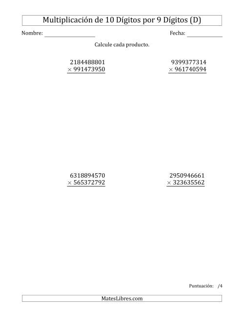 La hoja de ejercicios de Multiplicar Números de 10 Dígitos por 9 Dígitos (D)