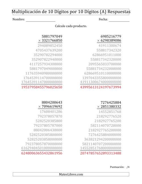 La hoja de ejercicios de Multiplicar Números de 10 Dígitos por 10 Dígitos (A) Página 2