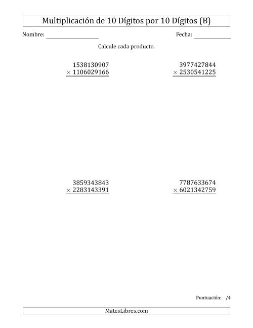 La hoja de ejercicios de Multiplicar Números de 10 Dígitos por 10 Dígitos (B)