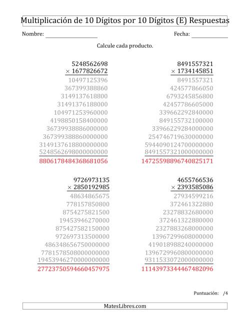 La hoja de ejercicios de Multiplicar Números de 10 Dígitos por 10 Dígitos (E) Página 2