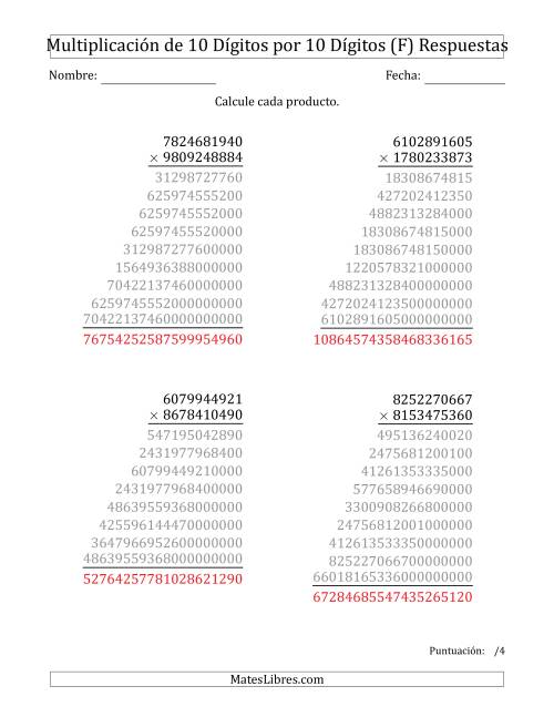 La hoja de ejercicios de Multiplicar Números de 10 Dígitos por 10 Dígitos (F) Página 2