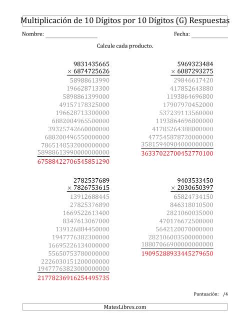La hoja de ejercicios de Multiplicar Números de 10 Dígitos por 10 Dígitos (G) Página 2
