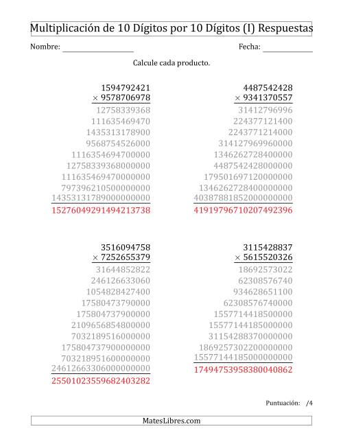 La hoja de ejercicios de Multiplicar Números de 10 Dígitos por 10 Dígitos (I) Página 2