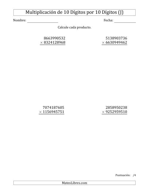 La hoja de ejercicios de Multiplicar Números de 10 Dígitos por 10 Dígitos (J)