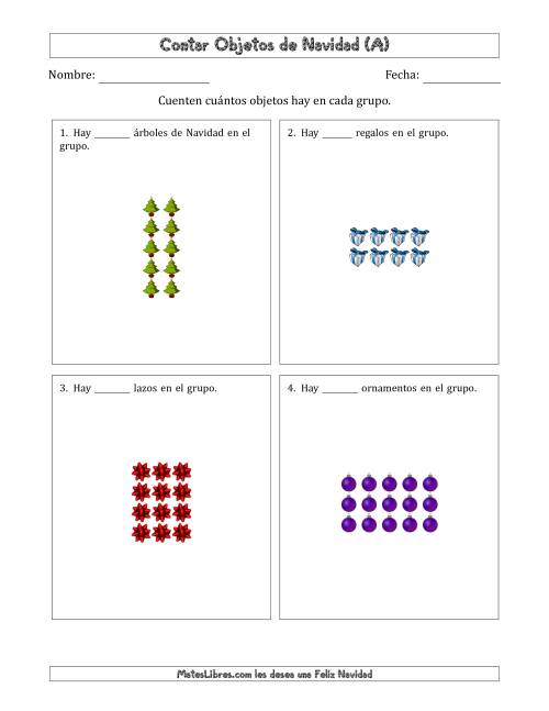 La hoja de ejercicios de Contar Objetos Navideños en Conjuntos Rectangulares de Dimensiones hasta 5 (A)