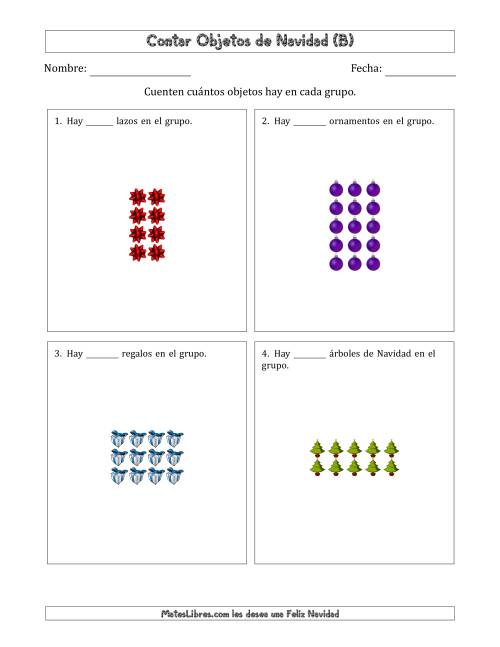 La hoja de ejercicios de Contar Objetos Navideños en Conjuntos Rectangulares de Dimensiones hasta 5 (B)