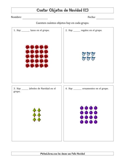 La hoja de ejercicios de Contar Objetos Navideños en Conjuntos Rectangulares de Dimensiones hasta 5 (C)