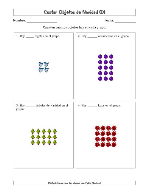 La hoja de ejercicios de Contar Objetos Navideños en Conjuntos Rectangulares de Dimensiones hasta 5 (D)