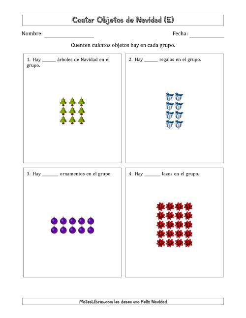 La hoja de ejercicios de Contar Objetos Navideños en Conjuntos Rectangulares de Dimensiones hasta 5 (E)