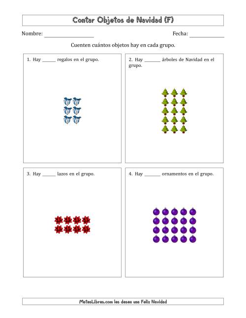 La hoja de ejercicios de Contar Objetos Navideños en Conjuntos Rectangulares de Dimensiones hasta 5 (F)