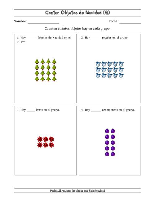 La hoja de ejercicios de Contar Objetos Navideños en Conjuntos Rectangulares de Dimensiones hasta 5 (G)