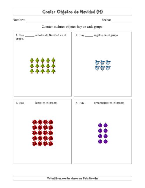 La hoja de ejercicios de Contar Objetos Navideños en Conjuntos Rectangulares de Dimensiones hasta 5 (H)
