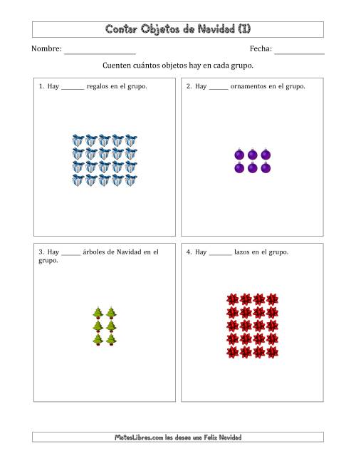 La hoja de ejercicios de Contar Objetos Navideños en Conjuntos Rectangulares de Dimensiones hasta 5 (I)