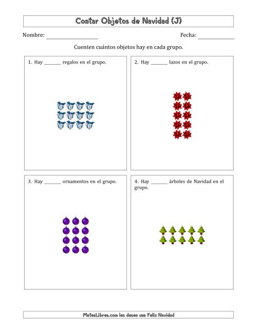 La hoja de ejercicios de Contar Objetos Navideños en Conjuntos Rectangulares de Dimensiones hasta 5 (J)