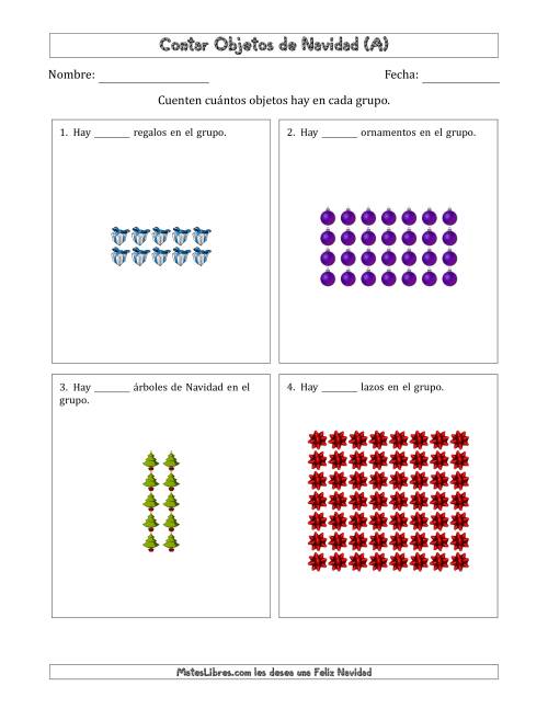 La hoja de ejercicios de Contar Objetos Navideños en Conjuntos Rectangulares de Dimensiones hasta 9 (A)