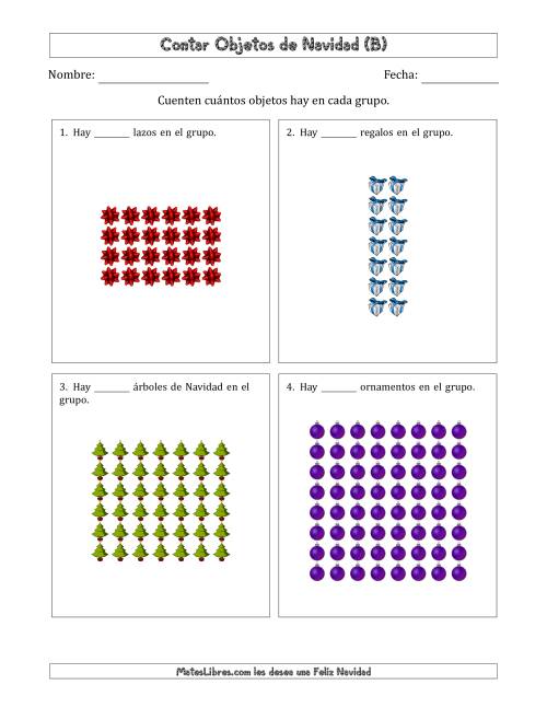 La hoja de ejercicios de Contar Objetos Navideños en Conjuntos Rectangulares de Dimensiones hasta 9 (B)