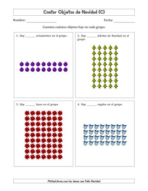 La hoja de ejercicios de Contar Objetos Navideños en Conjuntos Rectangulares de Dimensiones hasta 9 (C)
