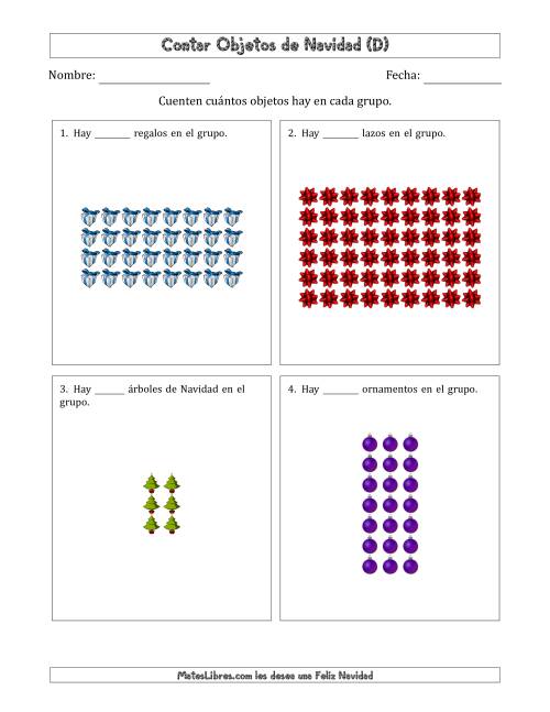La hoja de ejercicios de Contar Objetos Navideños en Conjuntos Rectangulares de Dimensiones hasta 9 (D)
