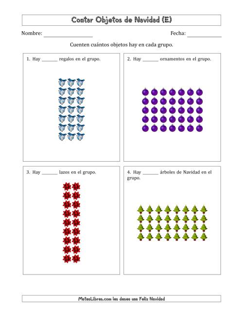 La hoja de ejercicios de Contar Objetos Navideños en Conjuntos Rectangulares de Dimensiones hasta 9 (E)